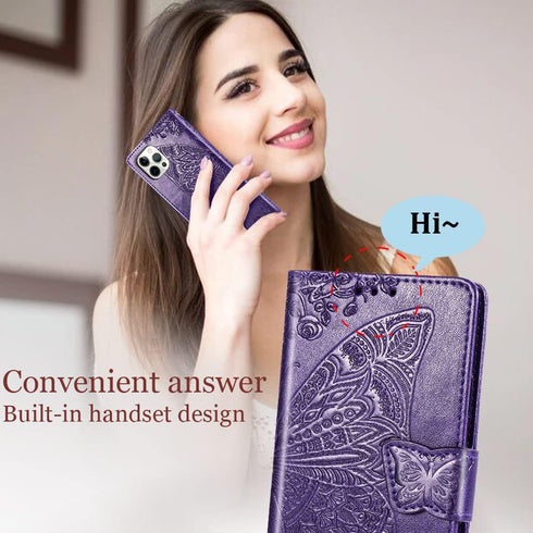 iPhone 12 Pro/iPhone 12 Wallet Case, Women Flip Folio Cover with Butterfly Embossed PU Leather, Purple
