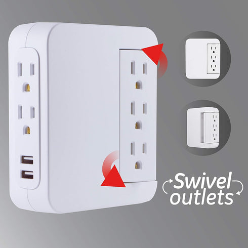 GE Pro Side-Access Swivel Surge Protector, 2 Pack, 5-Outlet Extender with 2 USB Ports, Wall Tap Adapter, White