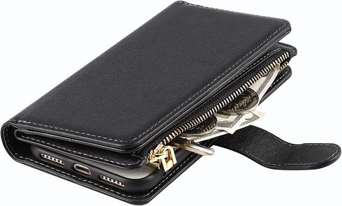 Jaorty Wallet Case Compatible with iPhone 7/8/iPhone SE 2nd 2020, 9 Card Slots, Wrist Strap, Stand Feature, Zipper Cash