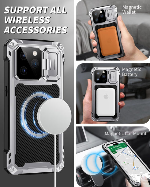 Lanhiem Metal Case for iPhone 15 Pro Max, Built-in Camera Kickstand & Glass Screen Protector, Heavy Duty Rugged Cover