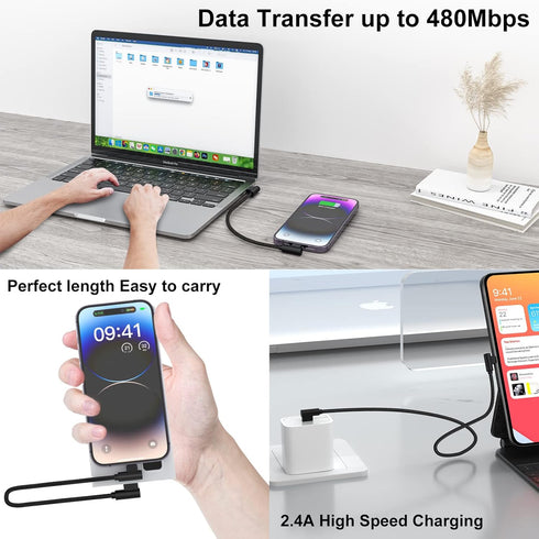 Lightning Cable 1ft 90 Degree 2 Pack MFi Certified Elbow Short iPhone Charger Right Angle Fast Charging Cable (Black, 1