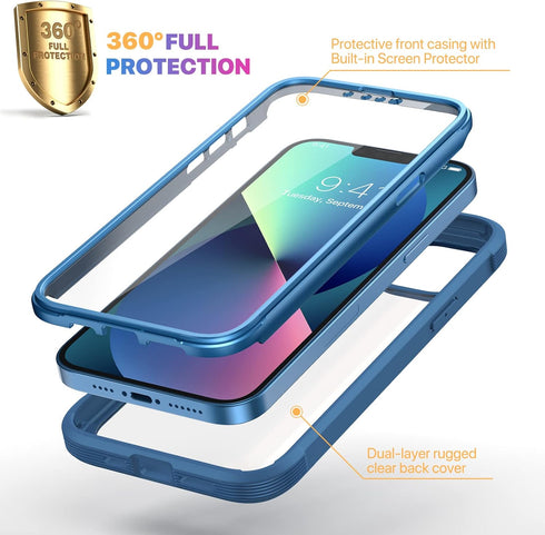 Diaclara Designed for iPhone 13 Case, Full Body Rugged Case with Built-in Touch Sensitive Anti-Scratch Screen Protector, Soft TPU Bumper Case for iPhone 13 6.1" (Blue and Clear)