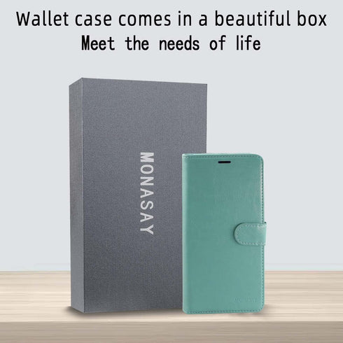MONASAY Flip Folio Wallet Case for iPhone X/Xs, 5.8", Mint - Leather, RFID Blocking, Credit Card Holder & Glass Screen