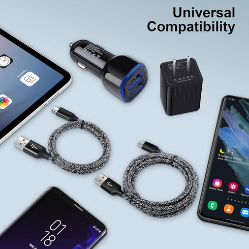 Fast Charger USB Wall Plug & Car Adapter for Samsung Galaxy S24 S23 S22+ S22 Ultra, with 3FT & 6FT Type C Cable.