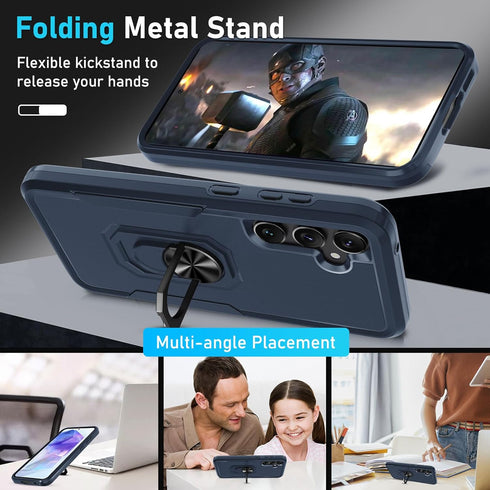 Janmitta for Samsung Galaxy A35 5G Case with Tempered Glass Screen Protector,Heavy Duty Shockproof Full Body Protective Cover Built in Rotatable Metal Ring Holder Kickstand,2024 Navy Blue
