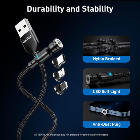 Magnetic Charging Cable 5-Pack, 540° Rotating Magnetic Phone Charger Cable with LED Light for Micro USB, USB C,
