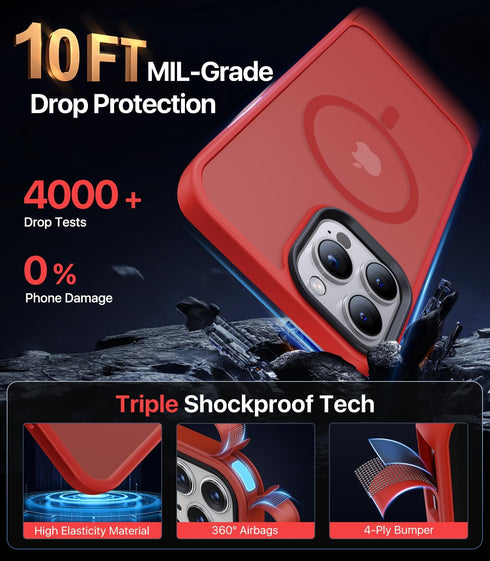 Strong Magnetic Case for iPhone 13 Pro Max, Military Grade Drop Protection, Shockproof Translucent Matte Red