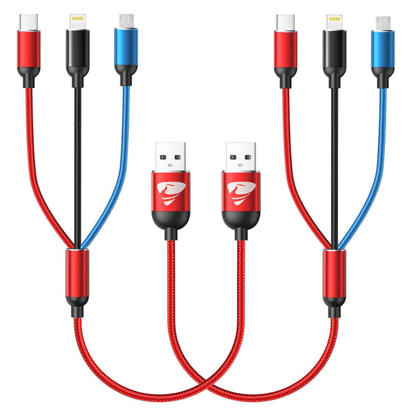 Short Multi Charging Cable - 1FT 2Pack Fast USB Cable 3 in 1 with IP, Type-C, Micro USB Connectors for Cell Phones,