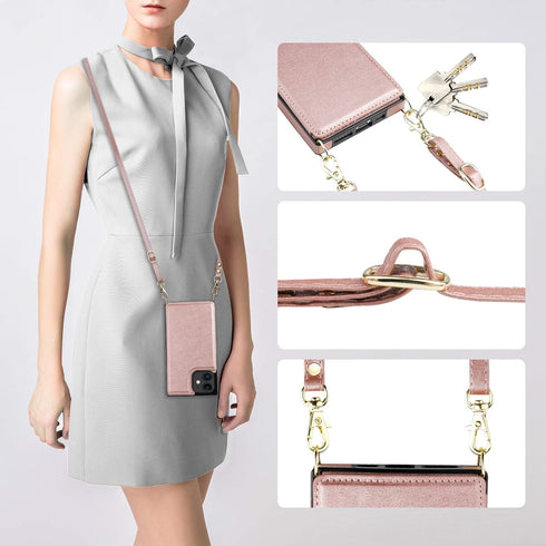 Bocasal Crossbody Wallet Case for iPhone 12 Mini, PU Leather Credit Card Holder with Detachable Strap, 5.4 inch (Rose