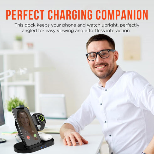 HyperGear 3 in 1 Wireless Charging Station - 10W Fast Wireless Charger Stand, Pad & Watch Mount for iPhone, Android,