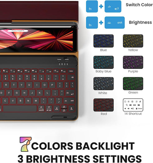 Leather Keyboard Case for iPad Air 5th 4th Generation, 7 Color Backlight BT Keyboard Folio, Wine