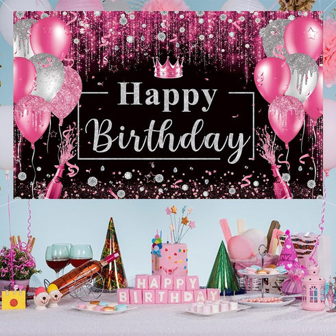 Pink and Black Happy Birthday Backdrop, Glitter Balloon Decorations for Women and Girls Party