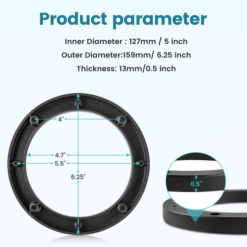 5 Inch Speaker Spacer Adapter Ring Mounting Bracket, Auto Car Universal Fit 5 Plastic Speaker Ring Adapter 0.5 Inch Depth, 5 Inch Plastic Car Stereo Speakers Spacer(Black), 2 PCS
