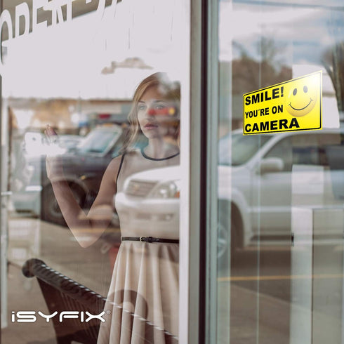 iSYFIX Smile You're on Camera Stickers for Business, 6 Pack 4x2 Inch, Self-Adhesive Vinyl Decal