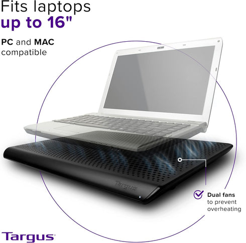 Targus 16 inch Laptop Cooling Pad - Dual Fan Lap Chill Mat, Heat Protection, USB-A Connection, Black (PA248U5)