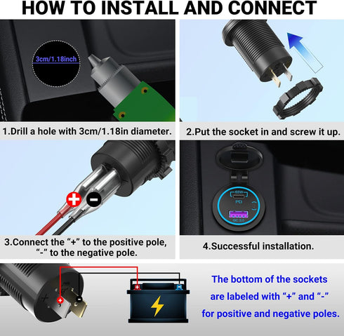OUFFUN 83W Laptop Car Charger Socket, 12V USB Outlet with Power Switch, Waterproof DIY USB Port for Car RV Boat