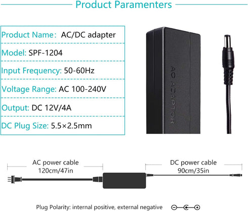 AC Adapter Power Supply 12V 4A 48W with 5.5x2.1mm DC Plug for LCD Monitor, LED Strip Light and Other Low Voltage Devices