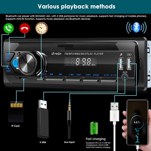 iFreGo USB,SD,AUX,7 MP3 Car Radio Bluetooth, Single DIN Car Stereo,FM Radio,Car Audio Receivers with Handsfree Calling