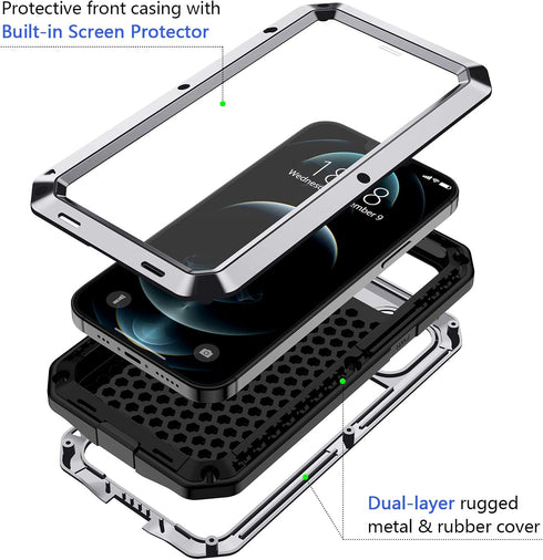 Lanhiem Metal Case for iPhone 12 Pro Max, Heavy Duty Shockproof Rugged Case with Built-in Glass Screen Protector
