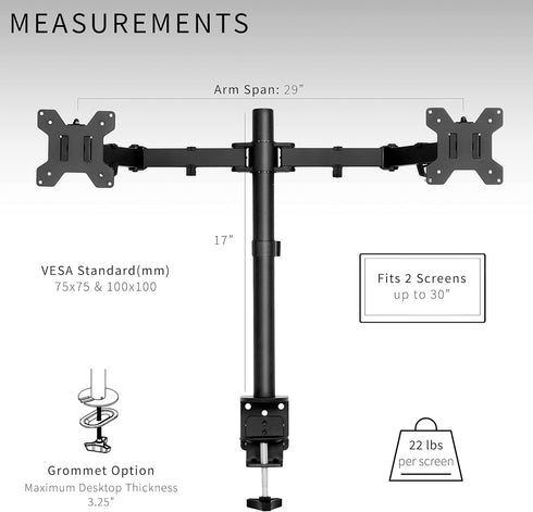VIVO Heavy Duty Dual Monitor Desk Mount, Fully Adjustable Steel Stand, Holds 2 Screens Up to 30 Inches, Black