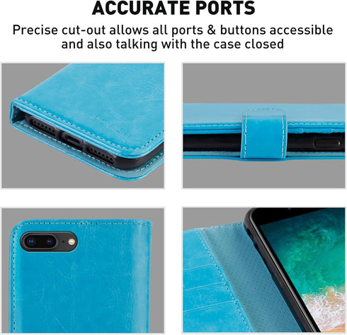 MONASAY Wallet Case for iPhone 8 Plus, iPhone 7 Plus, Light Blue Flip Folio Leather Cover with Credit Card Holder &