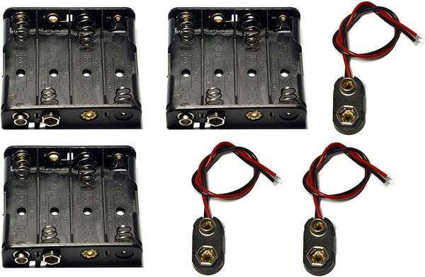 3 Pcs AA Battery Holder Leads 4 x 1.5V (6V) with 3 Pcs 9V I Type Snap Connector Plastic Housing