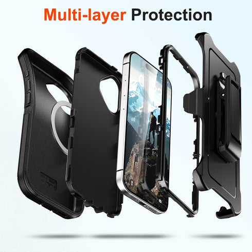 TUTUKII 17 3-Layer 17 6.3", for iPhone Case with Belt Clip Holster, Anti-Shock, Anti-Slip, Compatible with MagSafe