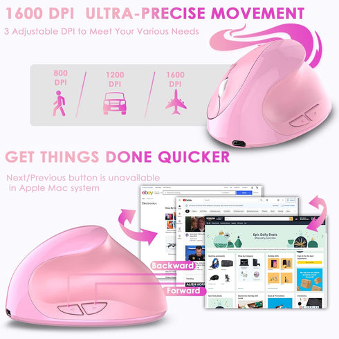Ergonomic Mouse, Rechargeable Small Vertical Wireless Mouse with 6 Buttons, Adjustable 800/1200/1600 DPI Pink for