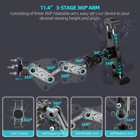 Aluminum Heavy Duty Drill Base Tablet Holder Car Mount, 14.2 Long 360 3-Stage Metal Stand for 4.7-12.9" iPad