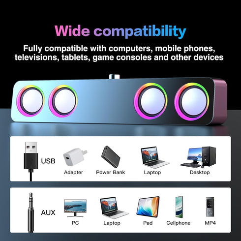 Elimavi 2.0-Channel 3.5mm Computer Speakers for Desktop PC, Speakers with Static LED Lighting and Volume Control