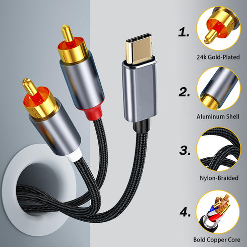 USB C to RCA Audio Cable Braided, 2 RCA to USB-C Aux Cable for Speaker, Subwoofer, Car Stereo, 4FT