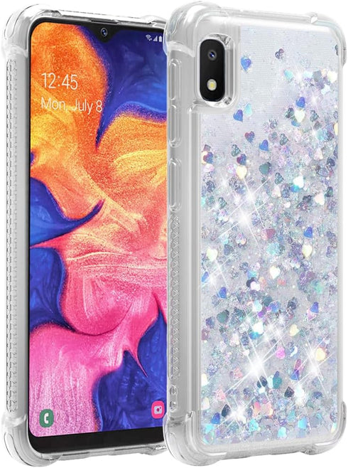 Samsung A10E Case: Clear Glitter Shockproof Phone Cover with Flowing Liquid Quicksand for Galaxy A10E - Silver