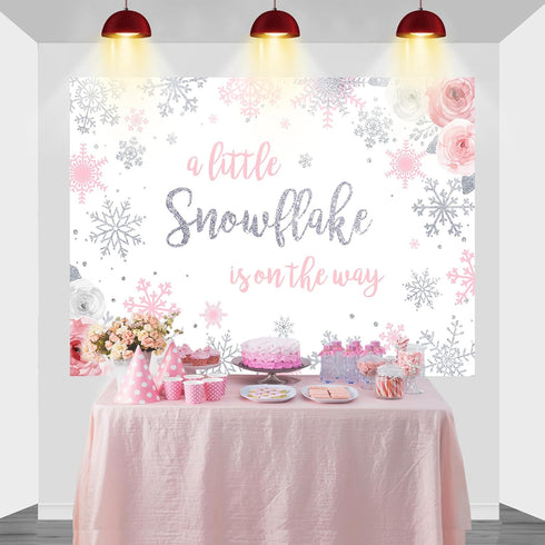 Mocsicka Snowflake Baby Shower Backdrop, Winter Wonderland Photography Background, Pink & Silver Snowflakes