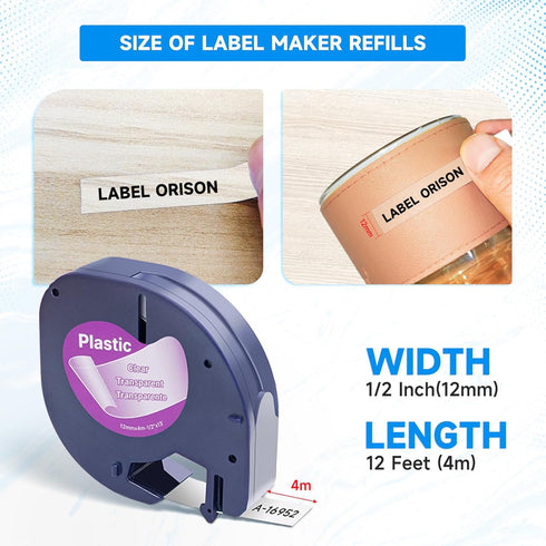 Label Orison Compatible with Dymo LetraTag Refills, Clear Plastic Label Tape 1/2'' x 13', 10 Pack