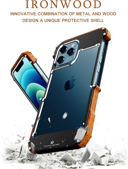 Kowauri Case for iPhone 12 Pro Max, Drop Protection Aluminum Metal Wood Bumper Frame Cover, Black