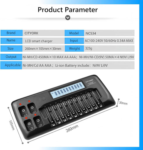 CITYORK 10+4 10 1.2V 4 9V Bay AA AAA Battery Charger with LCD Display, Bay for AA AAA NiMH NiCd Batteries, Bay