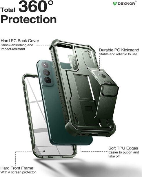 Dexnor Case for Samsung Galaxy S22, Built-in Screen Protector and Kickstand, Heavy Duty Military Grade - Army Green