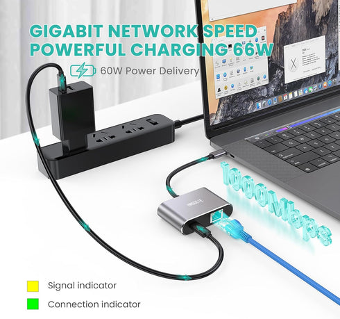USB C Gigabit Ethernet Adapter with 60W Charging Port, 1000 Mbps Ethernet to Type C,Thunderbolt 3 to RJ45 LAN Network Adapter with Power Delivery for MacBook Pro,Mac,Chromecast Google TV,iPad Air,Dell