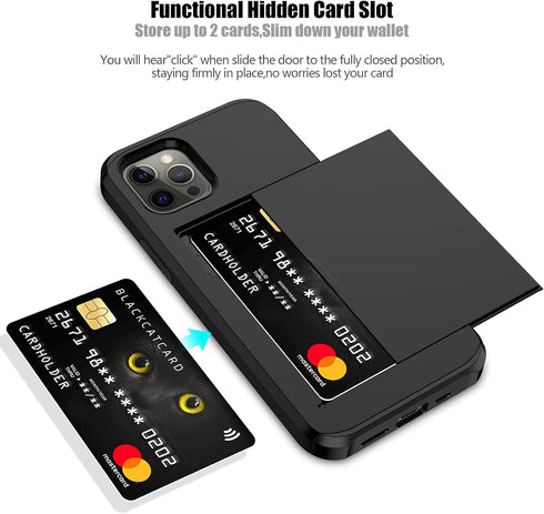 Nvollnoe for iPhone 12 Case,iPhone 12 Pro Case with Card Holder Heavy Duty Protective Dual Layer Shockproof Hidden Card Slot Slim Wallet Case for iPhone 12/12 Pro for Men&Women(Black)