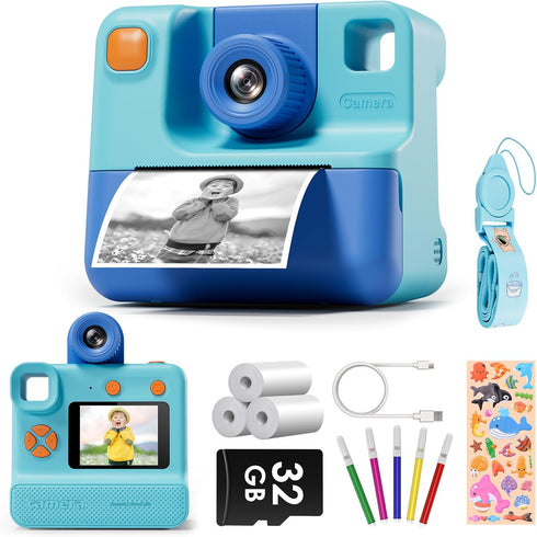 Kids Instant Print Camera - 24MP & 1080P Selfie Digital Camera with 3 Roll No-Ink Print Paper, 32G SD Card