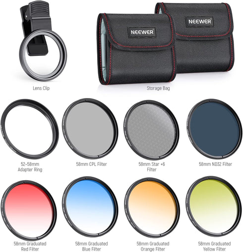 NEEWER 58mm Lens Filter Kit with Mobile Phone Lens Clip, CPL, ND32, 6 Point Star Filter, 4 Graduated Filters for iPhone