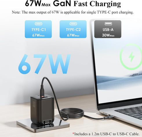 Minthouz 67W 3-Port 17/16/15, S25/S24, 3.9FT GaN Charger, Fast Charging Power Adapter with Type-C & USB-A, for iPhone