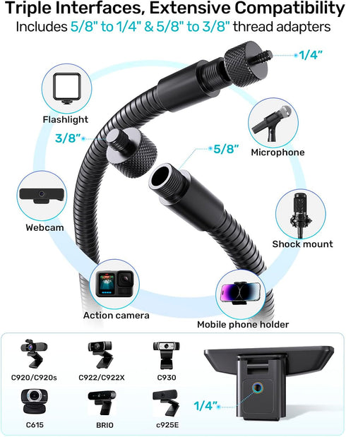 Etour 19" 4K C920 C920s C922 C922x C925e C930 C930e C960 C615 N60, 1/4" Webcam Stand Mount for Desk, Flexible Gooseneck