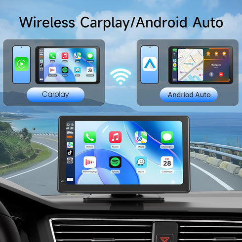 Haudio 7" 1080P Wireless CarPlay & Android Auto Screen for Car, Portable Car Stereo with Front & Rear Dash Cam, Backup