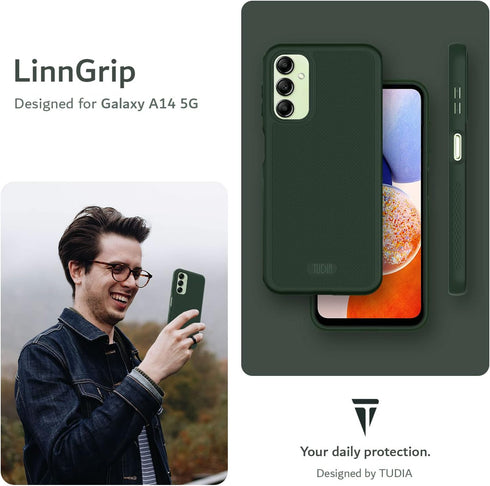 TUDIA Ultra Slim Grip Galaxy A14 5G Bark Phone Case, Pine Green Shockproof Thin Lightweight Soft TPU Cover