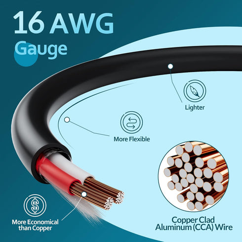 Elecan Pro Series 16/2 Outdoor Speaker Wire Cable, 200 Ft, 16 Gauge AWG, Direct Burial CL3 CL2 Rated (Black)