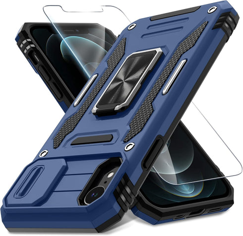 DEERLAMN for iPhone XR Case with Slide Camera Cover + Screen Protector (1 Pack), Rotated Ring Kickstand Military Grade