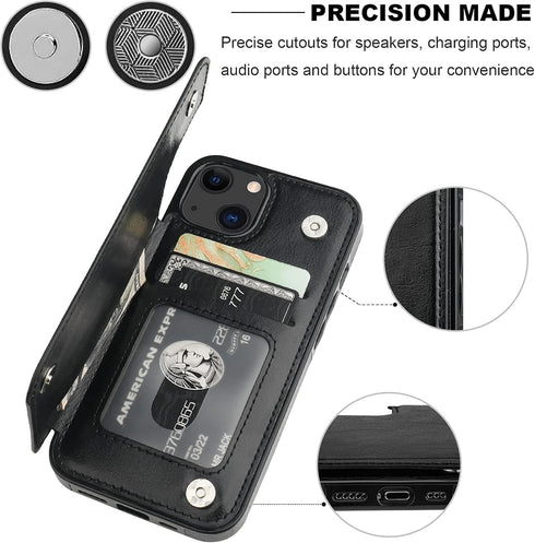 iPhone 13 Wallet Case - Black PU Leather, Card Holder, Kickstand, Double Magnetic Clasp, Shockproof, 6.1 Inch.