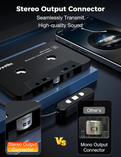 arsvita 5.1 Bluetooth Cassette Adapter, Car Audio Receiver, Hands-Free Call, Supports Micro SD Card, Black, Type BCA02