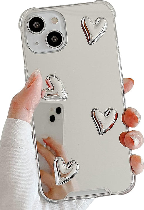 Mirror Senior Silver Cute Heart Soft Silicone Clear Makeup Mirror Case for iPhone 15 Pro Max, Shockproof Protect Cover